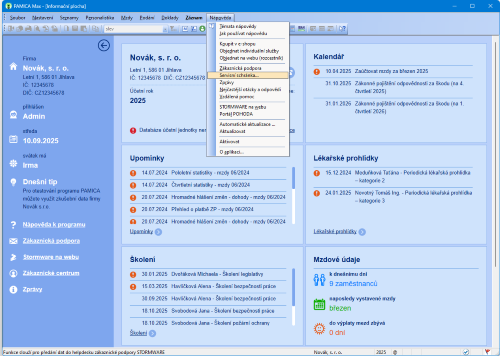 Nabídka Nápověda, povel Servisní schránka pro komunikaci se zákaznickou podporou