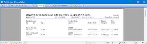 Náhled tiskové sestavy Daňové zvýhodnění na dítě dle věku