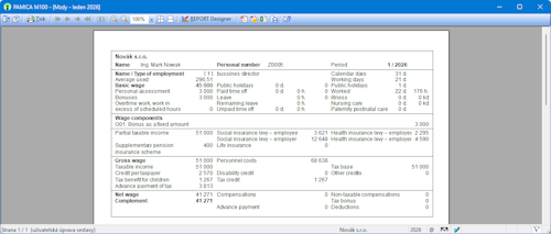 Náhled tiskové sestavy Výplatní páska (anglicky)