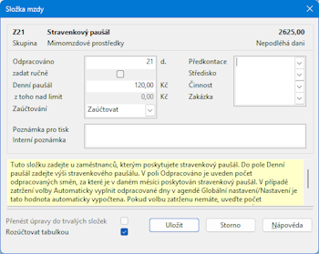V dialogovém okně složky Z21 Stravenkový paušál zkontrolujte počet odpracovaných dnů 