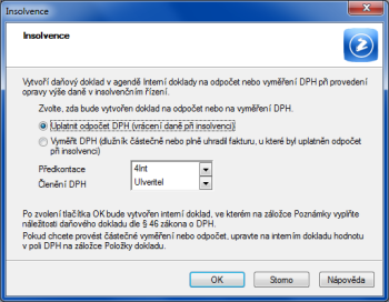 POHODA: V jednom dialogovém okně si vyberete, zda má POHODA vytvořit doklad na odpočet nebo na vyměření DPH, a dále předkontaci a členění DPH.
