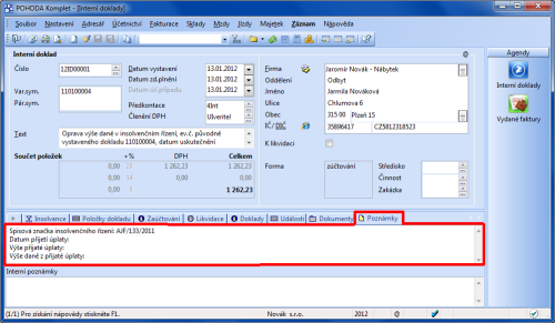 POHODA: Náležitosti daňového dokladu podle § 46 zákona o DPH vypište na záložku Poznámky