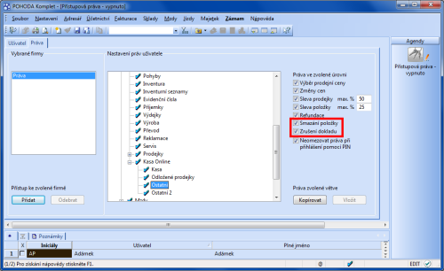 POHODA: Jednotlivým uživatelům můžete nastavit, resp. zrušit právo na mazání položek z dokladů a právo na ukončování prodeje.