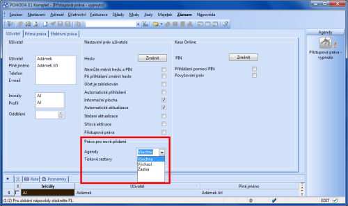 POHODA: Jednotlivým uživatelům můžete určit rozsah práv pro budoucí nově přidávané agendy. V řadě POHODA E1 lze takto dopředu orientačně vymezit také na práva k novým tiskovým sestavám.
