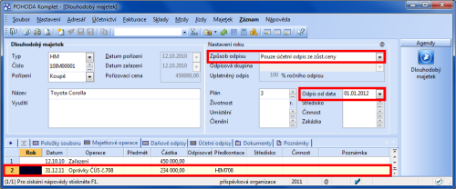 POHODA: Hodnotu oprávek zjištěných k 31. prosinci 2011 zadejte na záložce Majetkové operace. Pro odpisování majetku od roku 2012 vyberte v poli Způsob odpisu typ Pouze účetní odpis ze zůst. ceny a zkontrolujte datum v poli Odpis od data.