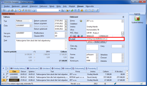 POHODA: E-mailová adresa splní v dokladových agendách účel při posílání dokladů ve formátu PDF, ať už jednotlivě, nebo hromadně