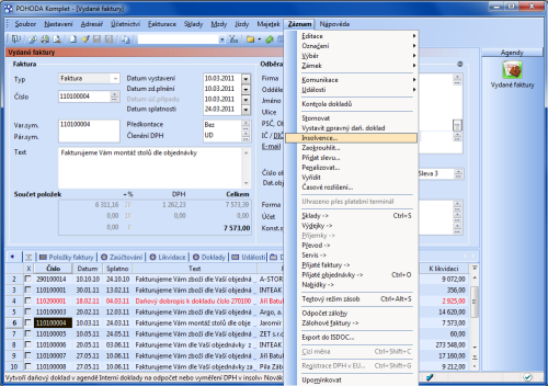 POHODA: Povel, se kterým vytvoříte opravný daňový doklad k insolvenci, se nachází v nabídce Záznam