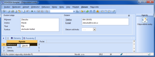 POHODA: V nové agendě na záložce Záznamy uvidíte, v kolika reklamačních a servisních záznamech, resp. zakázkách je daná osoba uvedená jako odpovědná osoba. Povelem z místní nabídky jednoduše otevřete výběr navázaných záznamů.