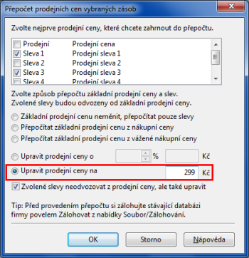 POHODA: POHODA může upravit prodejní ceny na konkrétní zadanou částku