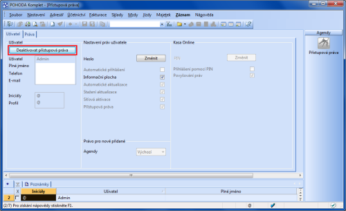 POHODA: Tlačítka pro aktivaci a deaktivaci přístupových práv najdete na stejném místě v agendě Přístupová práva v profilu administrátora