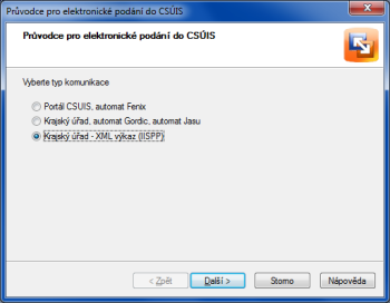 POHODA: Pokus posíláte na svůj krajský úřad účetní výkazy ve formátu XML, zvolte v průvodci elektronickým podáním třetí typ komunikace