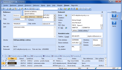 POHODA: Agendy Reklamace a Servis umožňují práci s šablonami