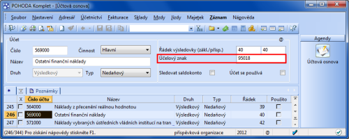 POHODA: U jednotlivých účtů můžete kromě jiného vyplnit také odpovídající účelový znak