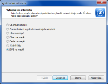 POHODA: Povel Vyhledat na internetu otevře stejnojmenné dialogové okno, kde přibyla nová volba pro zobrazení polohy podle zadaných GPS souřadnic
