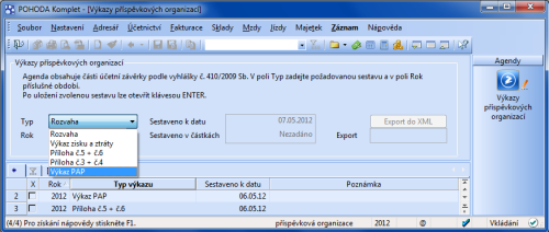 POHODA: Při zakládání výkazu PAP využijete novou položku ve výklopném seznamu pole Typ