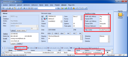 POHODA: Svým obchodním partnerům můžete individuálně nastavit předkontace a členění DPH pro přijaté a vydané faktury, vybrat účet pro fakturaci a přiřadit zodpovědnou osobu. U jednotlivých dodacích adres můžete vyplnit také zemi, telefon a e-mail.