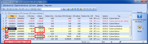 POHODA: S každým výběrem dokladu k likvidaci POHODA přepočítává celkové hodnoty Kredit a Debet ve stavovém řádku.