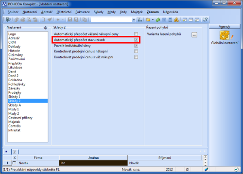 POHODA: Nová volba pro automatický přepočet stavu zásob zajistí, že POHODA po každém skladovém pohybu přepočítá pouze stav zásob, nikoliv vážené nákupní ceny.