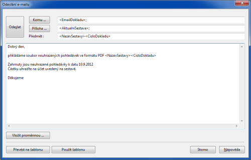 POHODA: Údaje pro pole Komu, Příloha a Předmět se načtou automaticky. Stačí jen doplnit vlastní text zprávy.