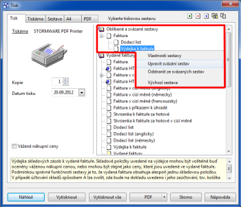 POHODA: Upravit či zrušit svázání sestav vám umožní povely v místní nabídce přímo v dialogovém okně Tisk.