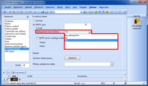 POHODA: V novém poli vyberte protokol zabezpečení komunikace při používání SMTP serveru.