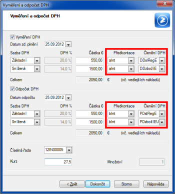 POHODA: Pokud budete DPH vyměřovat z celkové hodnoty dokladu a zároveň na první straně průvodce zatrhnete volbu Vyměřit DPH různou sazbou DPH, budete moct na druhé straně průvodce vybrat k různým sazbám DPH odpovídající předkontace a členění DPH.