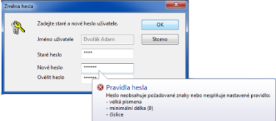 POHODA: Pokud nové heslo nesplňuje parametry nastaveného pravidla, zobrazí POHODA upozornění.