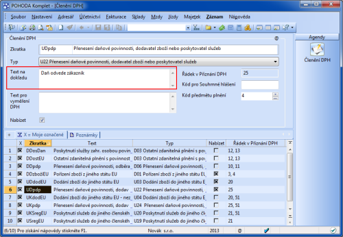 POHODA: Do pole Text na dokladu je třeba k odpovídajícímu členění DPH doplnit formulaci stanovenou zákonem.