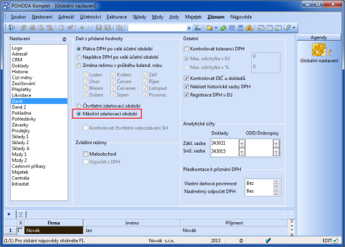 POHODA: Nastavení měsíčního zdaňovacího období je možné zkontrolovat v agendě Globální nastavení v sekci Daně.