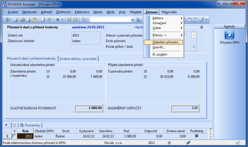 POHODA: V programu POHODA můžete elektronické podání prostřednictvím povelu Odeslání přiznání... z nabídky Záznam v agendě Přiznání DPH.