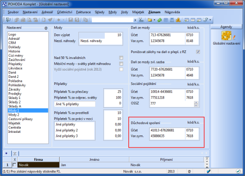 POHODA: K nastavení čísla bankovního účtu pro odvod důchodového spoření slouží sekce Mzdy 1 v agendě Globální nastavení.