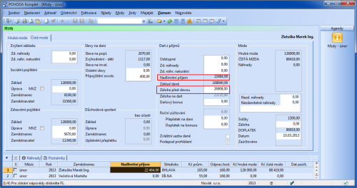 POHODA: Částku, ze které bude zaměstnanci počítána tzv. solidární daň, POHODA automaticky zobrazí v poli Nadlimitní příjem ve mzdě zaměstnance. O solidární zvýšení daně bude také navýšena hodnota v poli Záloha před slevou.