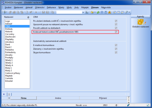 POHODA: Novou volbu, díky které budete moci uchovávat historii kontroly DIČ, najdete v globálním nastavení v sekci CRM.