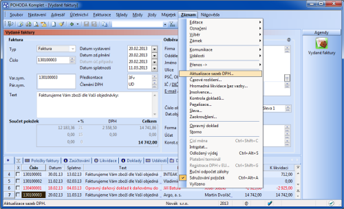 POHODA: Nový povel, který umožňuje hromadnou aktualizaci sazeb DPH, se nachází v některých dokladových agendách v nabídce Záznam.