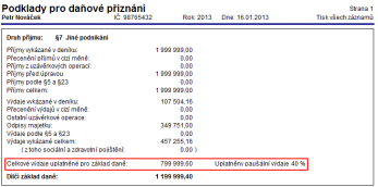 POHODA: Pokud hodnota celkových výdajů přesáhne 800 000 Kč, nebude výdajový paušál ve výši 40 % uplatněn.