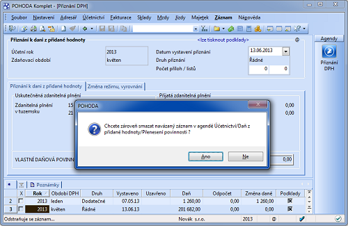 POHODA: Tento dotaz položí POHODA nově v případě, že se rozhodnete smazat nějaký záznam v agendě Přiznání DPH.