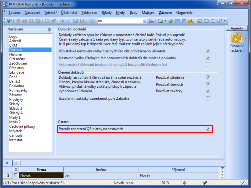 POHODA: V sekci Globální nastavení/Doklady je nová volba, která umožňuje zobrazení QR kódů na tiskových sestavách.