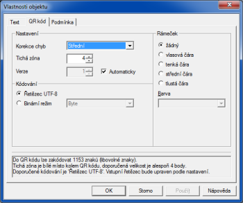POHODA: Dialogové okno Vlastnosti objektu slouží k nadefinování vlastního QR kódu.