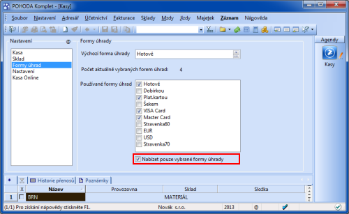POHODA: Sekce Formy úhrad umožňuje nadefinovat používané způsoby úhrad.