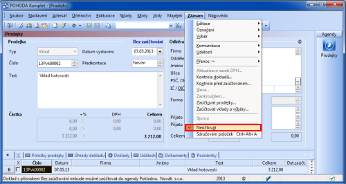 POHODA: Výběry a vklady, které nemají být v agendě Prodejky zahrnuty do zaúčtování, označte.