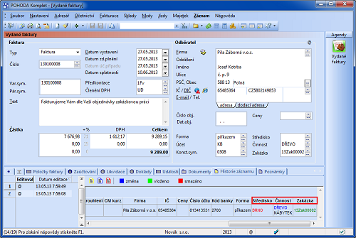 POHODA: Ukázka sledování historie změn v agendě Vydané faktury.