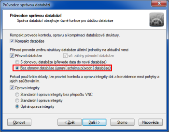 POHODA: S možností rychlejšího převodu databáze se setkáte také v průvodci správou databáze.