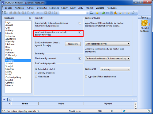 POHODA: Pokud odvádíte tržby prostřednictvím dokladu typu Výběr, zrušte zatržení u této volby.