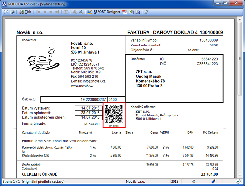 POHODA: Zobrazený QR kód pro elektronické platby na náhledu vydané faktury.