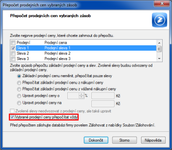 POHODA: Pokud nechcete pokaždé přepočítávat prodejní ceny, tuto volbu nezatrhávejte.