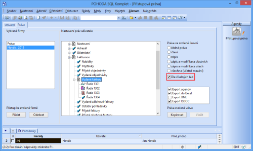 V řadě POHODA SQL můžete nově nastavit přístupová práva například podle číselných řad dokladů.