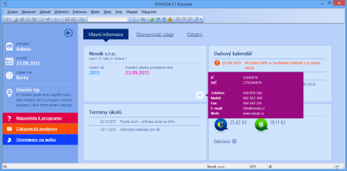 Hlavní záložka nové informační plochy programu POHODA zobrazuje mimo jiné základní údaje o vaší firmě i seznam úkolů.