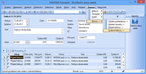 Pro přenesení pohledávek z agendy Vydané faktury do agendy Počáteční stavy salda stačí v nabídce Záznam/Přenos -> kliknout na příslušný povel.