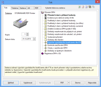 Novou kontrolní tiskovou sestavou je Výpočet vypořádacího koeficientu dle § 76.