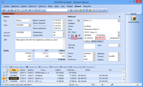 POHODA nově umožňuje vyplnit do vybraných dokladových agend číslo mobilního telefonu dodavatele či odběratele.